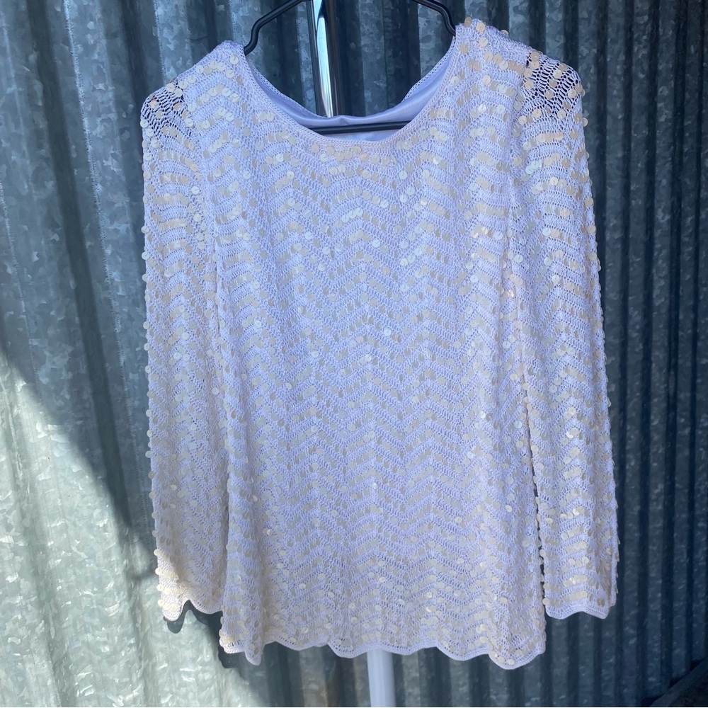 Y2K Cream Sequin Crochet Knit Sweater Size Medium